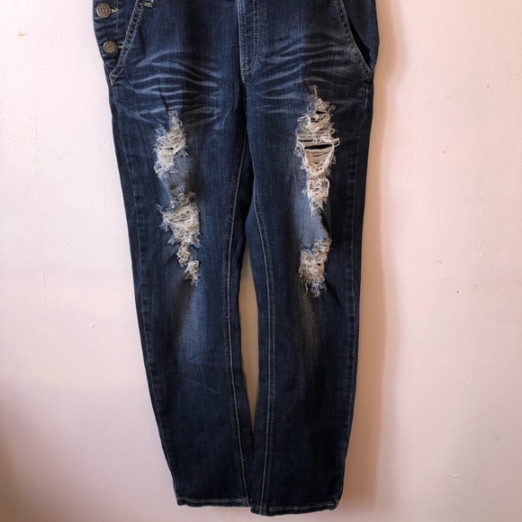 ❤️Machine Nouvelle Mode Italian Distressed Denim Overalls Dark Wash Size M 28 - Picture 5 of 10